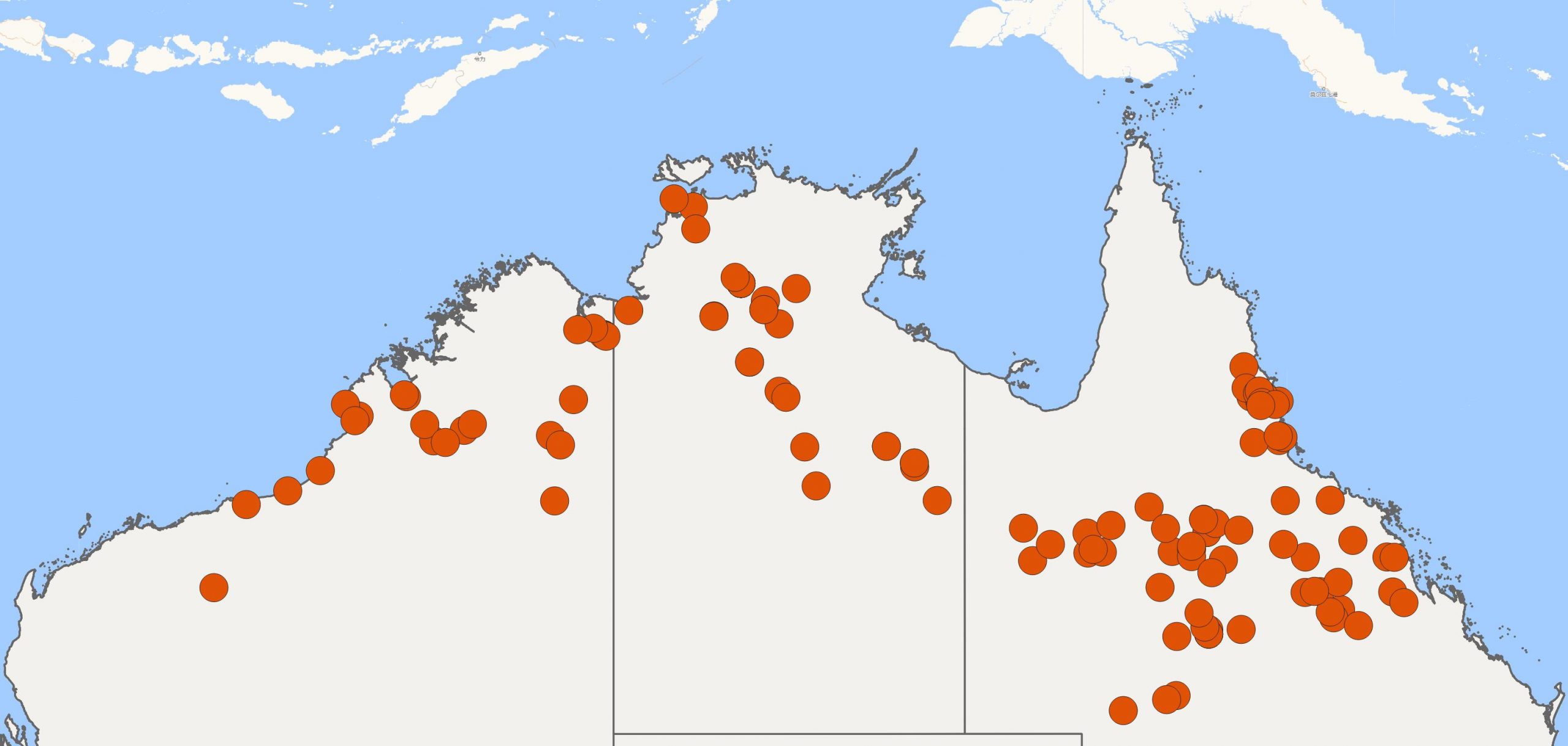 map showing locations of NABS SDIs, 2018 to Feb-2023
